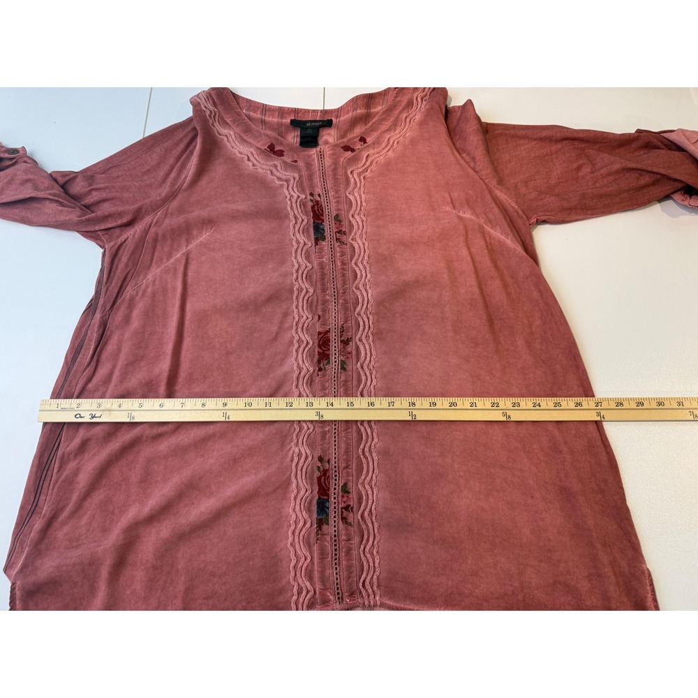 Ali Miles Top Womens 1X Pink Floral Embroidered Roll Tab Sleeve Boho Feminine - Picture 8 of 9